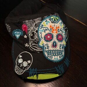 Y2K Colorful Black Cadet Hat Sugar Skull Rhinestone Embroidered‎ Adjustable Cap